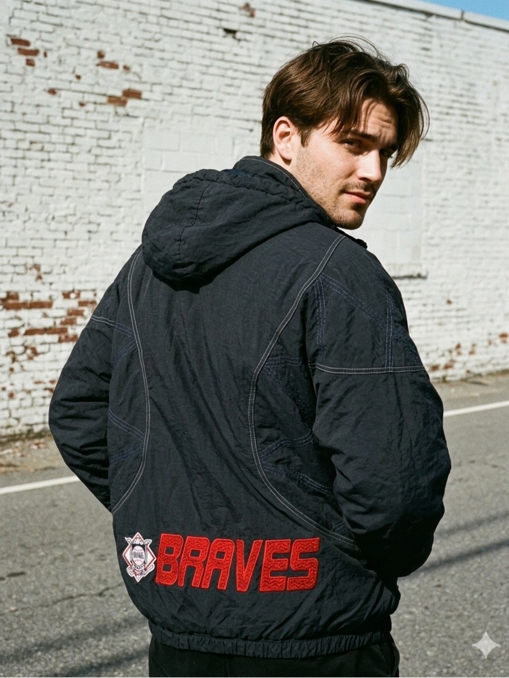 Vintage 90s MLB Atlanta Braves Full Zip Starter Jacket Hooded Embroidered Sz L